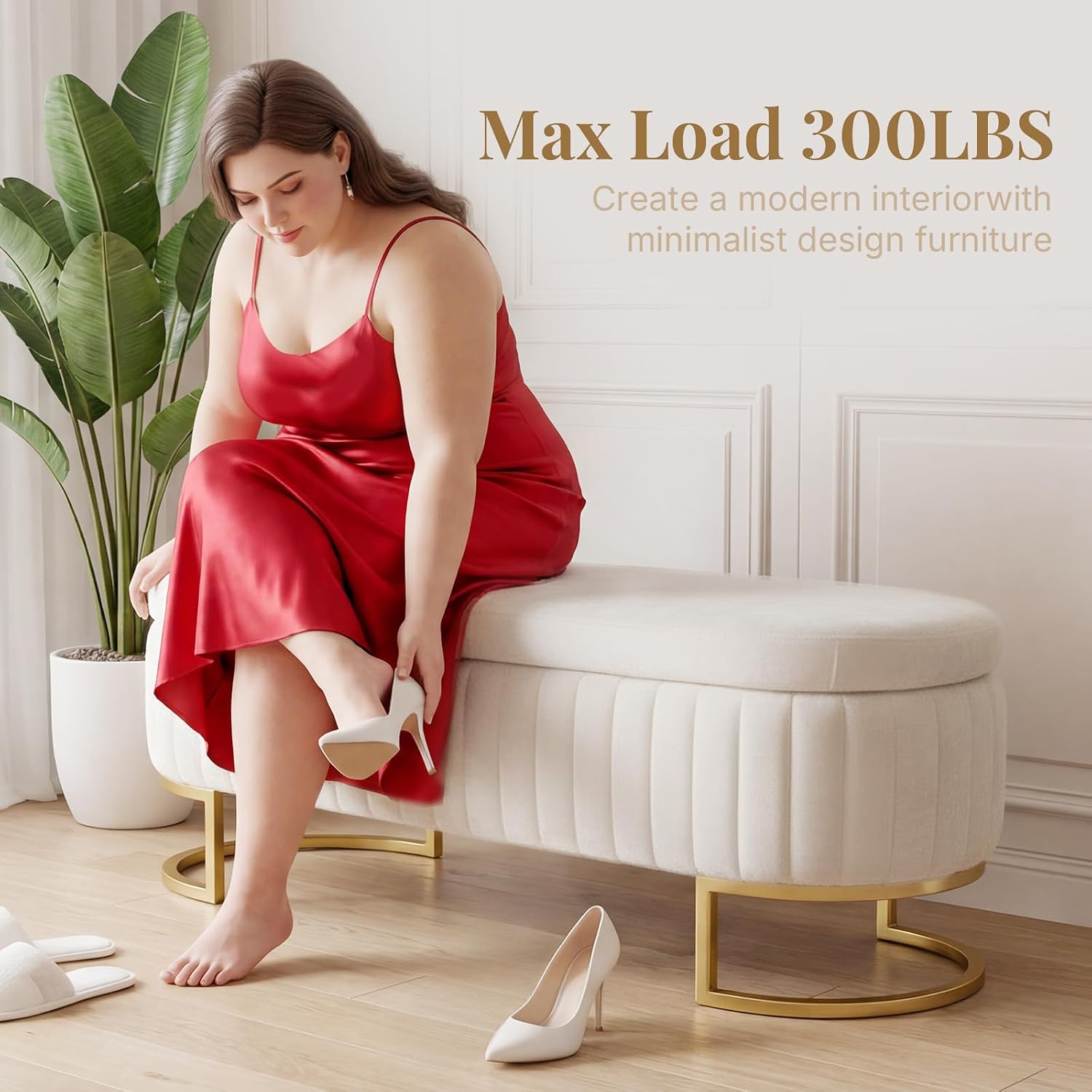 Velvet Storage Bench for Queen Size Bed, 46'' Beige Oval Ottoman, Gold Legs | Easy Assembly, Housewarming Gift, Bedroom, Living Room & Entryway