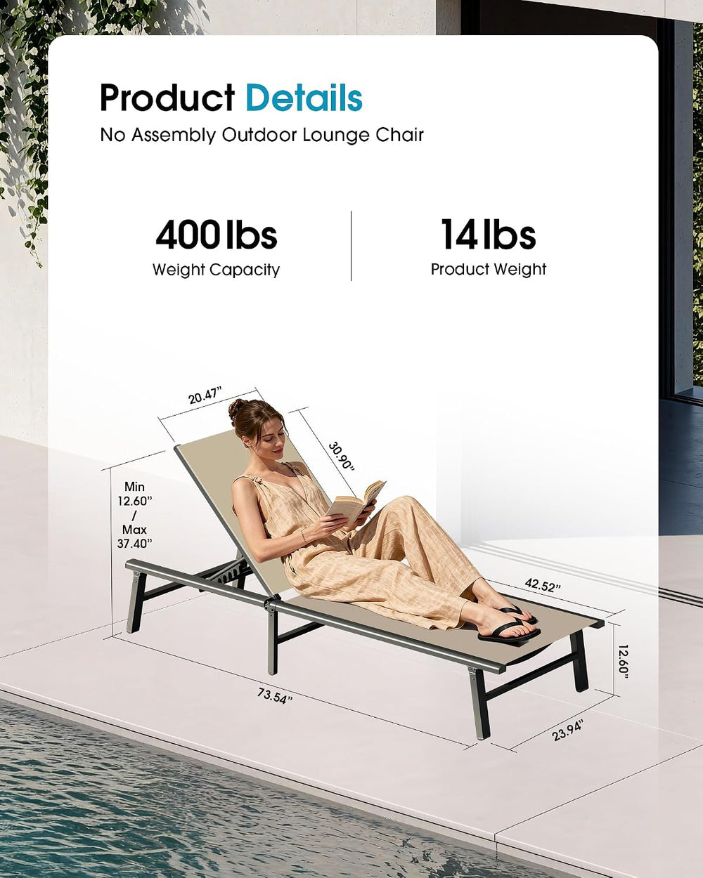 Ciokea Foldable Outdoor Lounge Chair Set of 2, No Assembly Aluminum Chaise Lo...