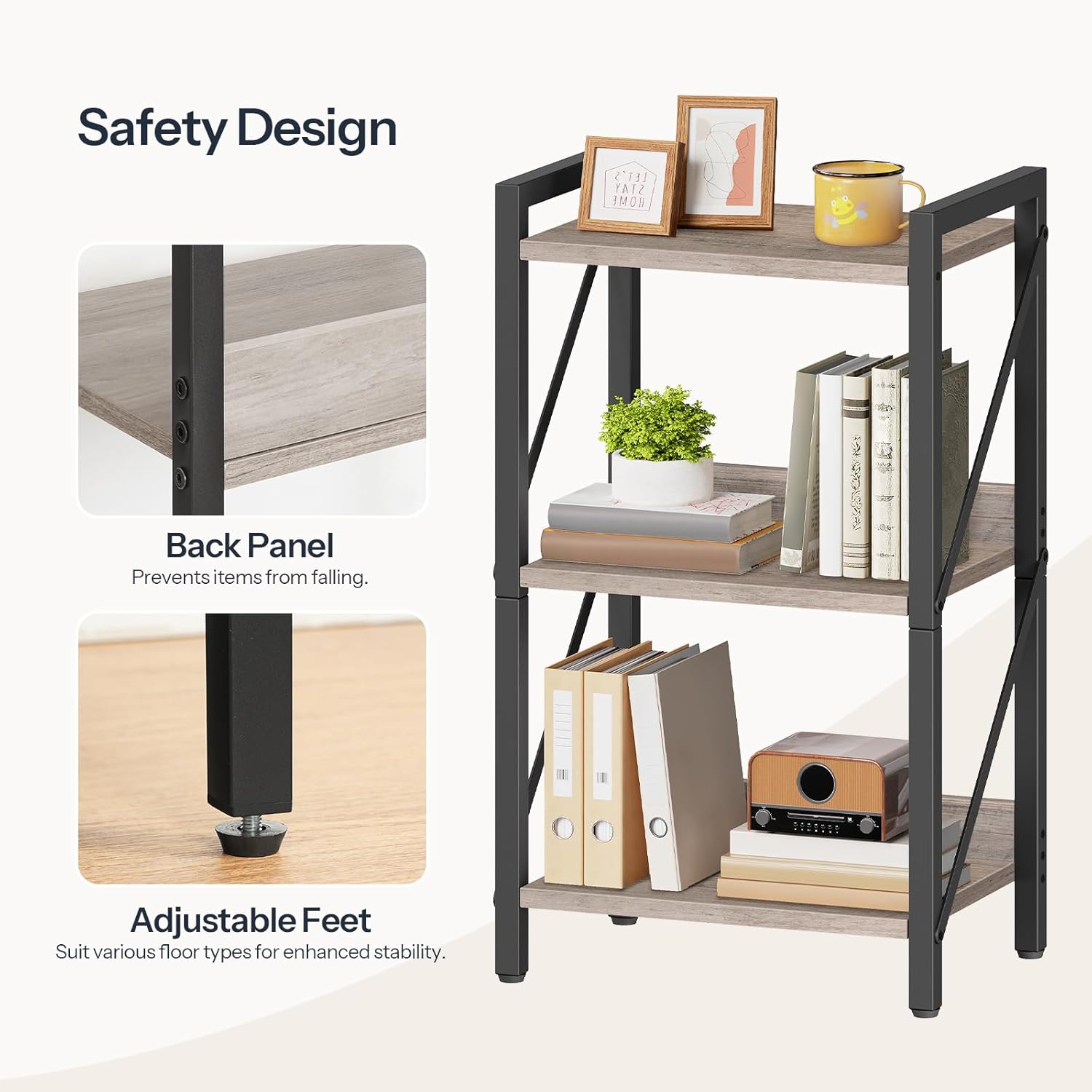 HOOBRO Bookshelf, 3-Tier Industrial Bookcase, Book Shelf Storage Organizer, Small Bookshelf with Metal Frame for Living Room, Bedroom, Home Office, Kitchen, Greige and Black BG71SJ01