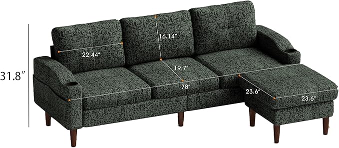 Ball & Cast Modular L Shaped Sectional Sofa with Movable Storage Ottoman,3 Seater Comfy Cloud Couch W/Cupholders and USB Ports,Linen Fabric Sofa for Living Room,Apartment,Small Space,Green,78"