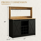 4ever2buy 47" Coffee Bar Cabinet with Storage Hutch & Wine Rack, Black | Coffee Bar Station with Sliding Barn Door, 7 Hooks and Adjustable Shelves for Kitchen, Dining Room, Living Room