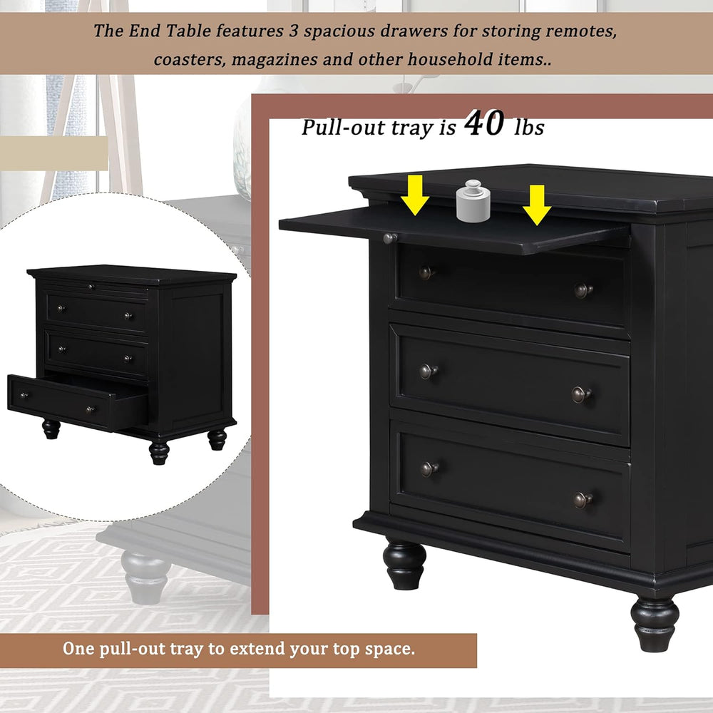 3-Drawer Storage Wood Cabinet, End Table Set of Two with Pull Out Tray As A B...