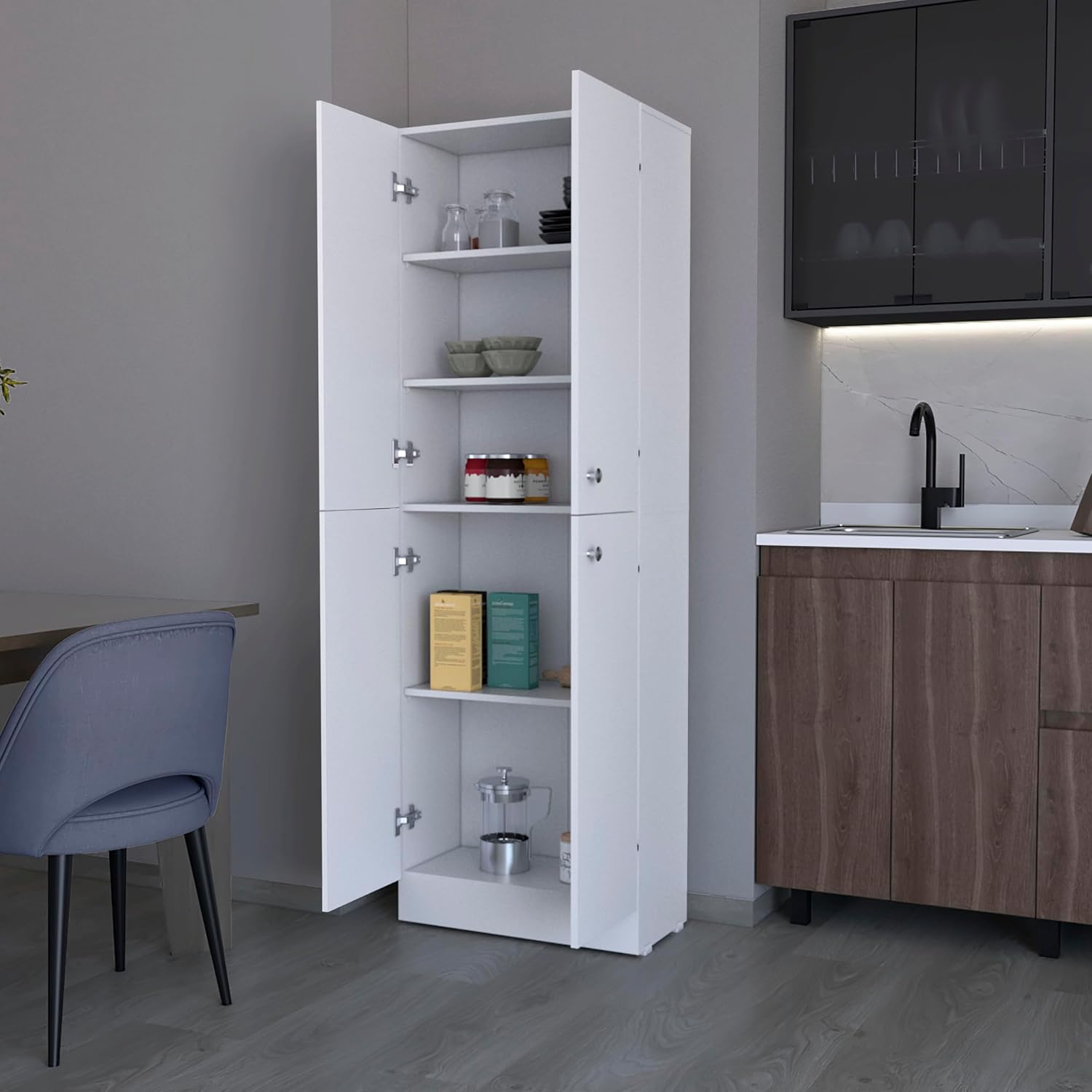 23.6" D*11.8" W*71.1" H Freestanding Kitchen Pantry with 4 Shelves, 2 Double Doors, Rectangular Storage Cabinet, Modern Minimalist, for Living Room, Dining Room, White