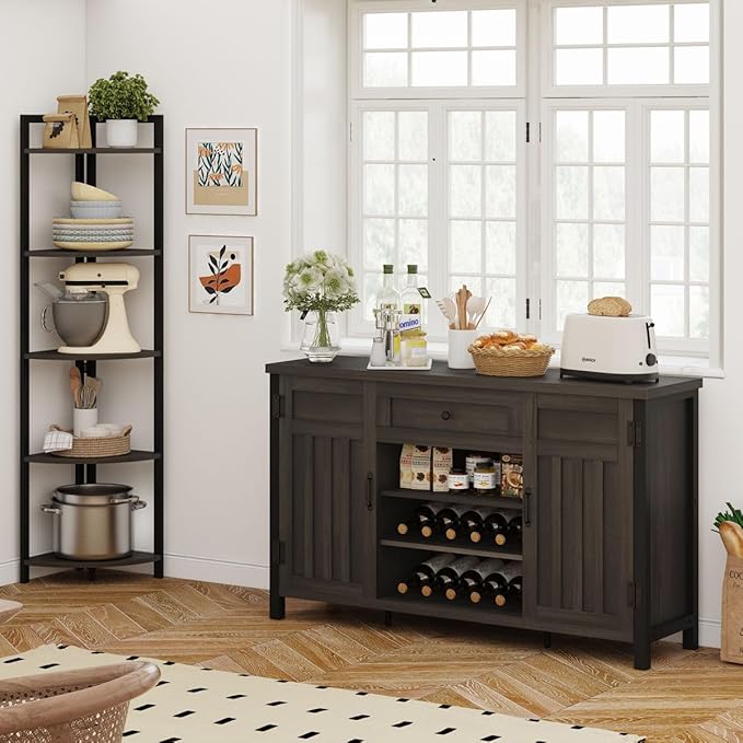 FATORRI Industrial Coffee Bar Cabinet with Drawer and Wine Rack, Sideboard Buffet Storage Cabinet with Door, Farmhouse Credenza Cupboard for Kitchen (Walnut Brown)