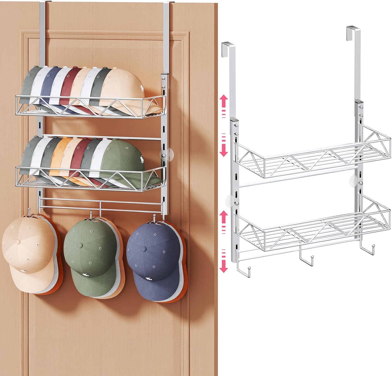 SWTYMIKI Over Door Hat Organizer - 3 Tier Wall Mounted Hat Rack with 2 Adjustable Metal Basket and 3 Hooks, Hanging Baseball Cap Organizer Storage Holds up to 29 Caps for Door, Bedroom, Closet