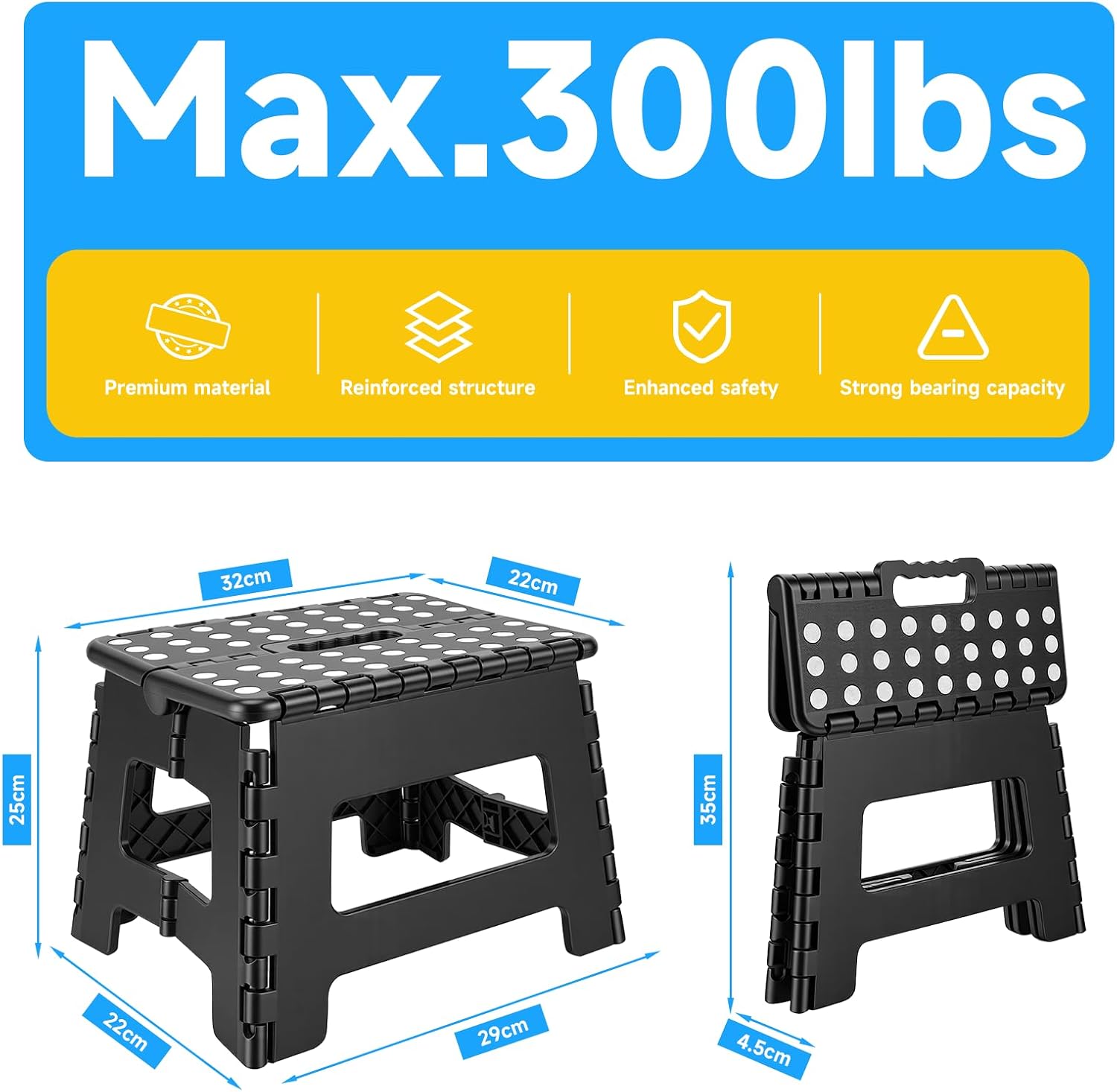 Folding Step Stool 9 inch Sturdy Enough Collapsible Stool to Support Adults - Opens Easy with One Flip Compact Foldable Foot Stool for Kitchen, Bathroom, Bedroom, Outdoor