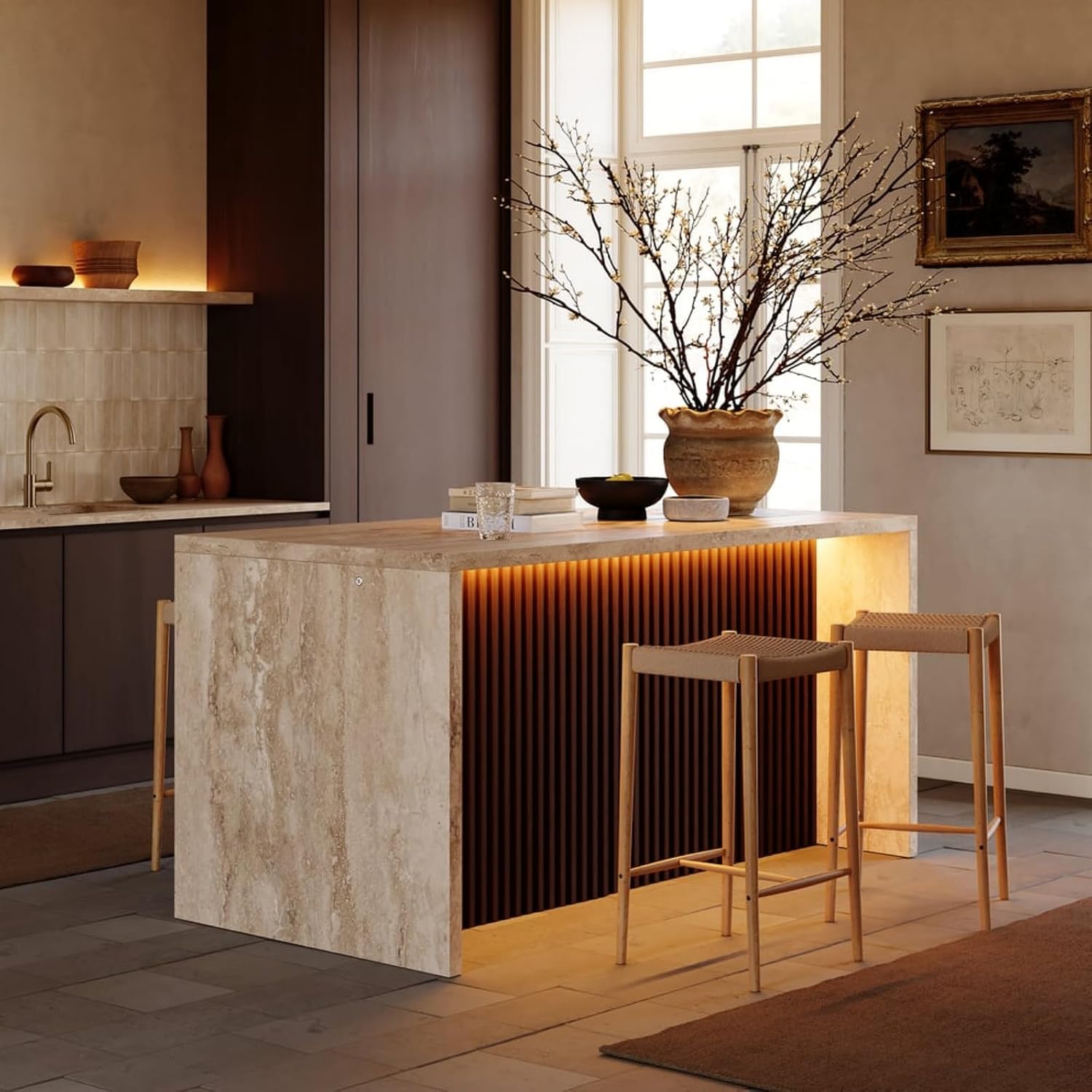 homary 72" Kitchen Island LED & Waterfall Edge - Modern Stationary Large Kitchen Cabinet with 3 Doors, 2 Drawers & Trash Storage, Adjustable Shelves (Matte Travertine & Walnut, Engineered Wood Top)