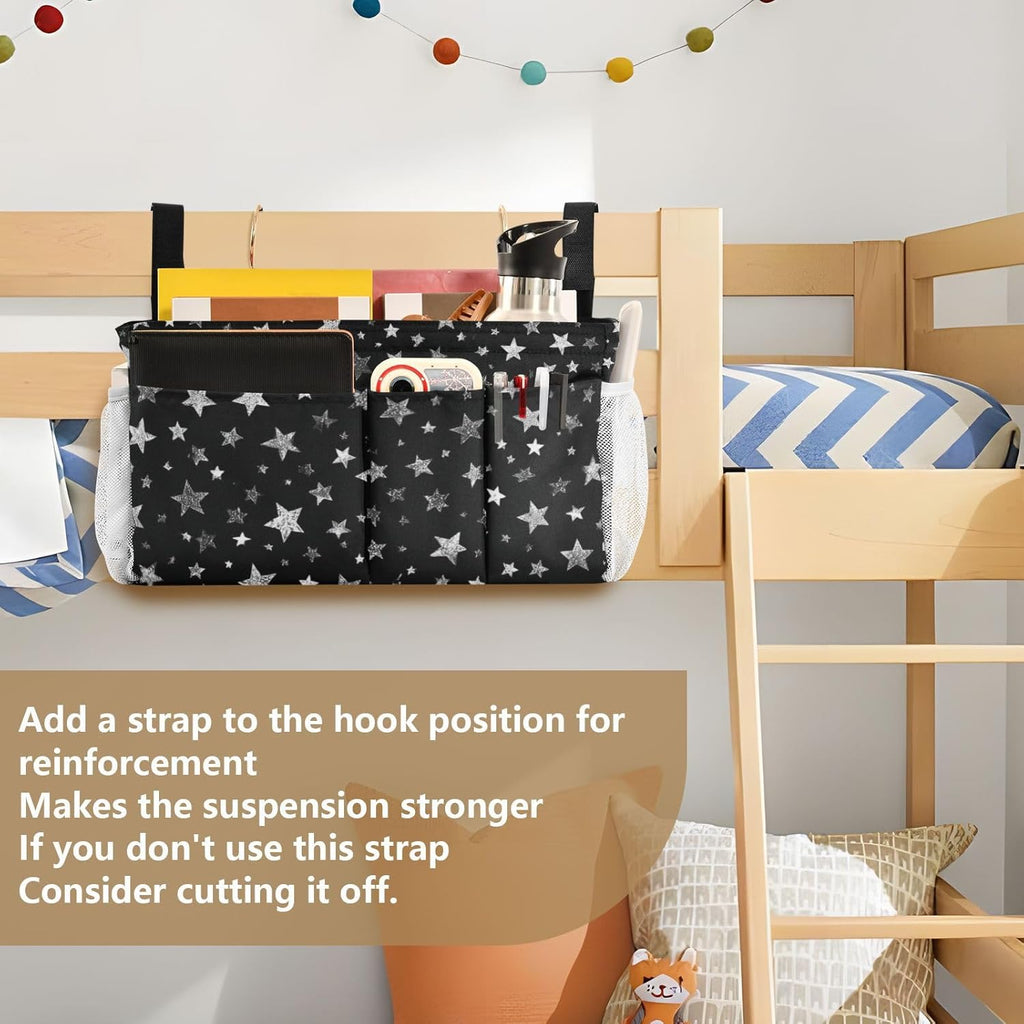 Sparkly Silver Stars Bedside Caddy for Dorm Bed Bedside Hanging Caddy Bag Iron Frame Storage Organizer Pocket for Bunk Home College Hospital Beds 2 Hooks