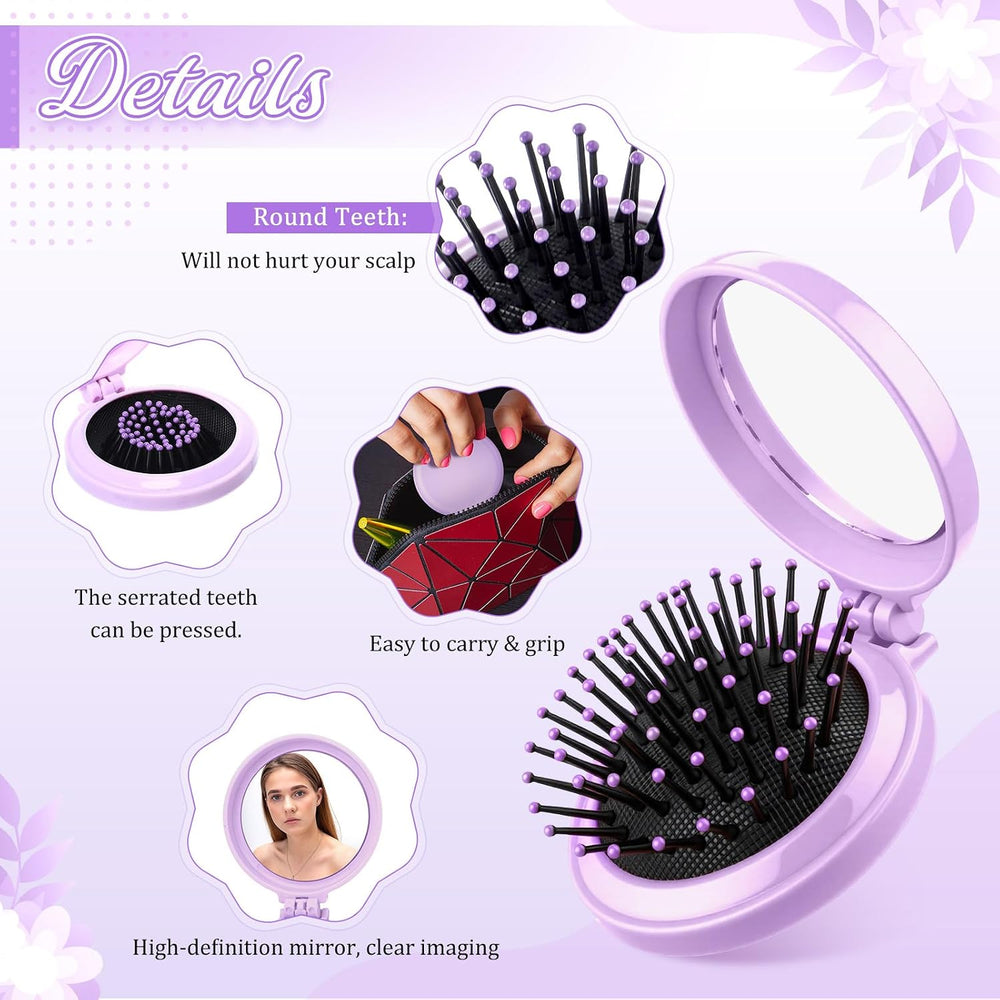 Sliner 60 Pcs Mini Folding Hair Brush with Mirror for Women, Purple