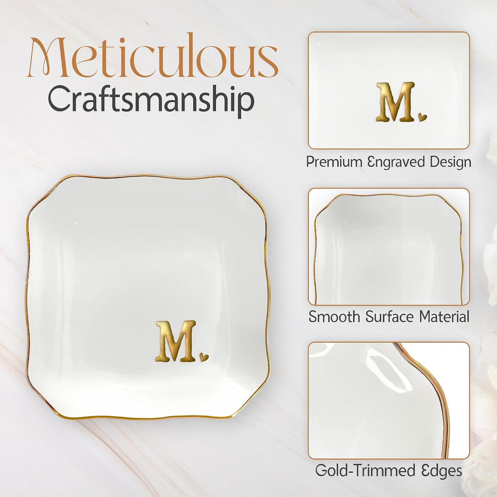 Bridal Shower Gifts for Women - 4"x4" Jewelry Dish Tray Letter M | Wedding Gifts, Engagement Gift, Initials Ceramic Personalized Ring for Women, Dish Gold Trim Design, Desk Vanity Decor