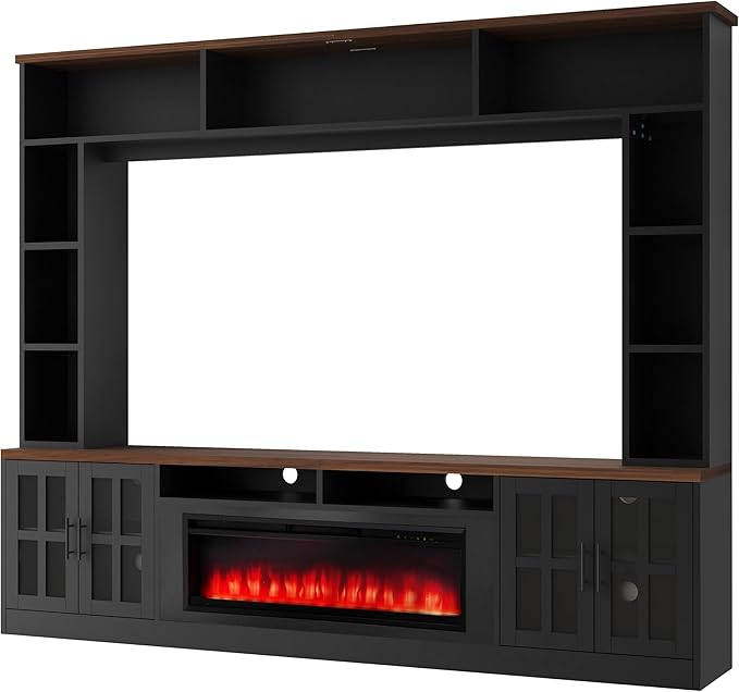 95.5" Wall Unit TV Stand Set with 39.4" Fireplace, Entertainment Center for Televisions Up to 80", Large Media Console with Cabinets and Tempered Glass Doors for Living Room, Black