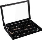 Frebeauty Velvet Jewelry Tray,24 Grid Jewelry Organizer with Clear Lid,Earring Holder Organizer with Clasp,Drawer Insert Rings Pendants Brooches,13.8 x 9.5 x 2 Inches,Gift for Women Girls(Black)