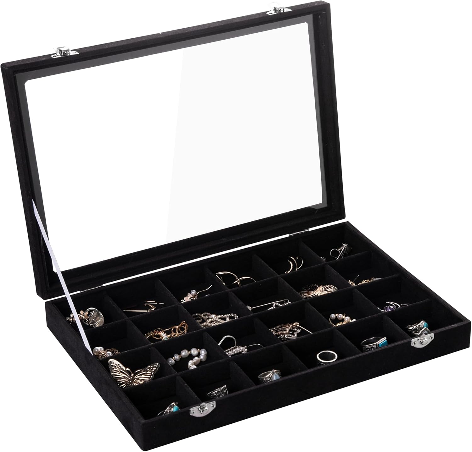 Frebeauty Velvet Jewelry Tray,24 Grid Jewelry Organizer with Clear Lid,Earring Holder Organizer with Clasp,Drawer Insert Rings Pendants Brooches,13.8 x 9.5 x 2 Inches,Gift for Women Girls(Black)