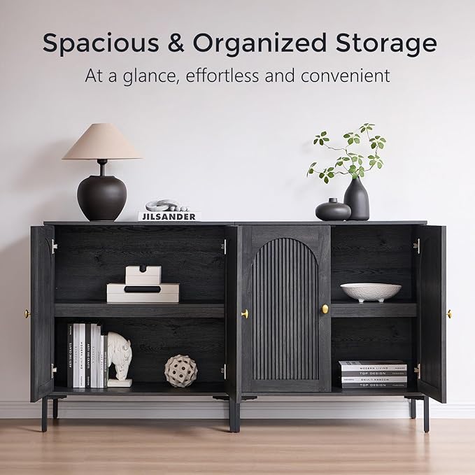 Modern TV Stands for 75 Inch TVs, 61.75‬"W Wood Entertainment Center w/Adjustable Shelves, Mid Century Modern TV Stand w/Arched Fluted Doors, Media Console Cabinet for Living Room, Dark Grey