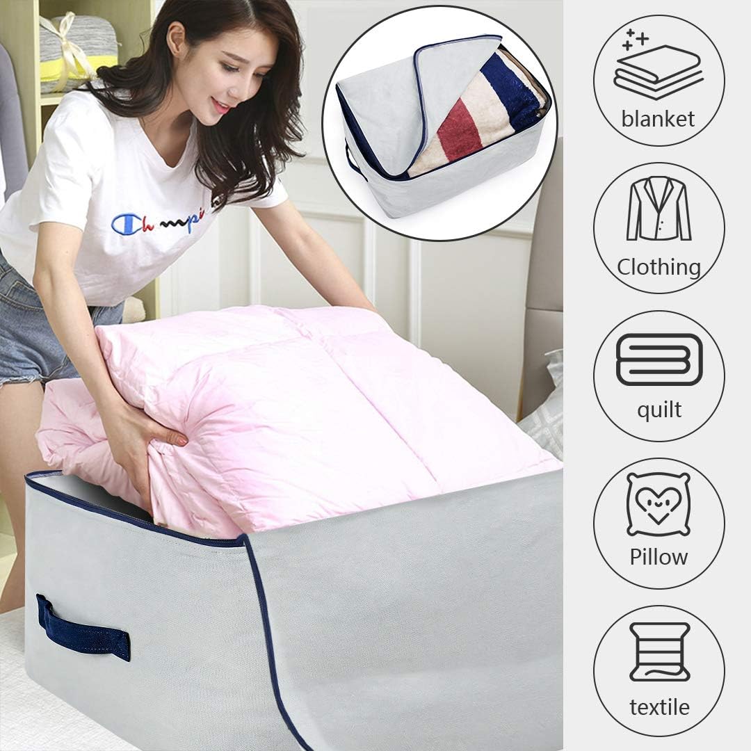 100% Natural Canvas Cotton Large Size Soft Storage Organiser Bags for Queen/King Size Blankets, Duvets, Pillows, Down Jackets, Breathable and Washable, Gray