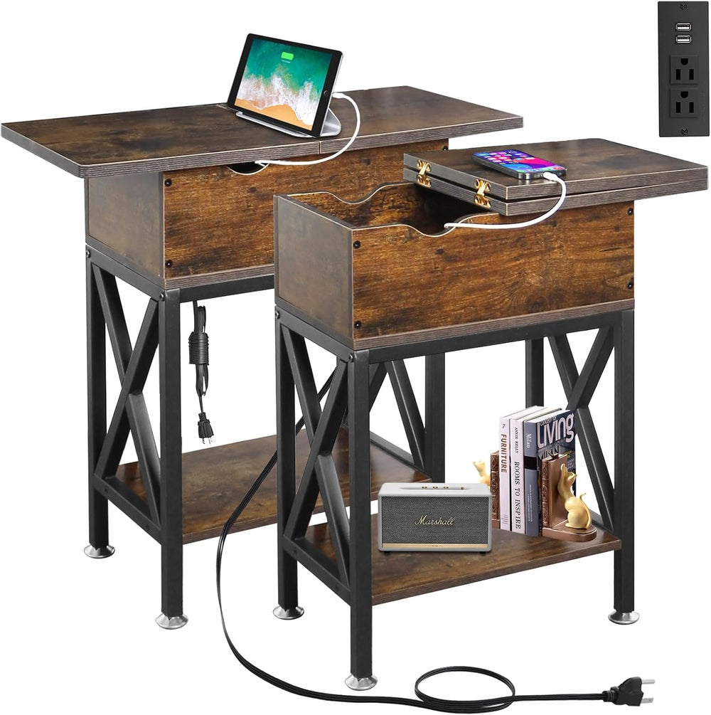 TooCust End Tables Living Room Set of 2, Side Table with Charging Station Fli...