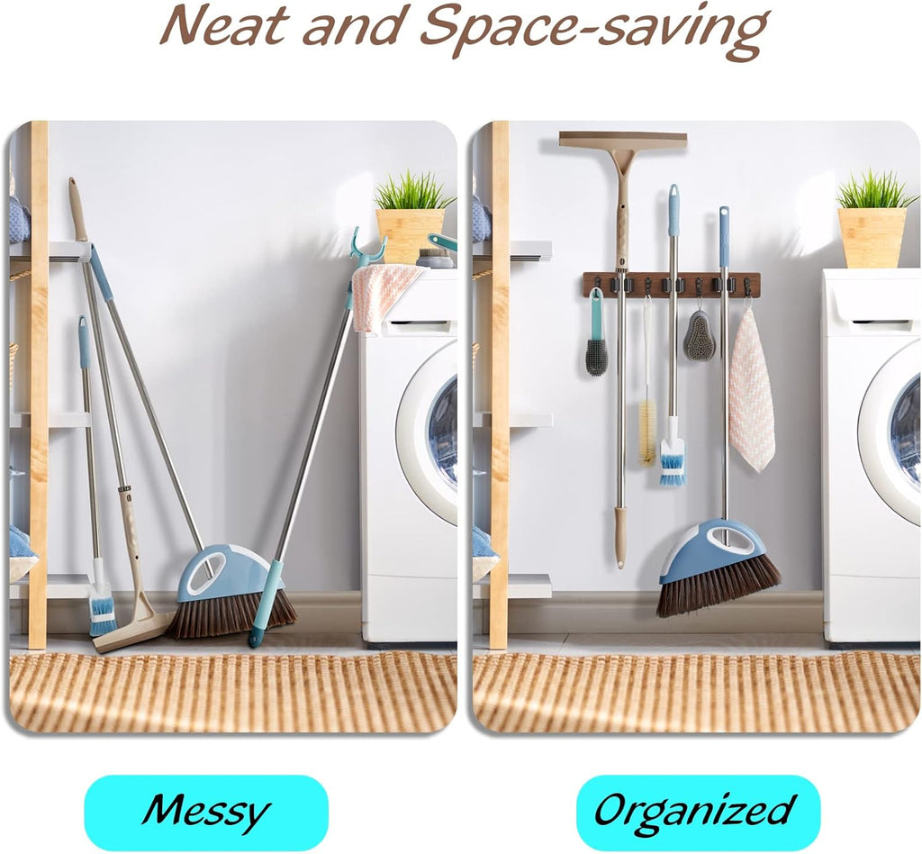 Mop Broom Holder Wall Mount with 3 Slots & 4 Hooks - Wood Broom Mop Hanger for Pantry Kitchen Organization - Garden Tool Organizer for Closet Laundry Room - for Rustic Farmhouse Kitchen Decor