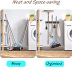 Mop Broom Holder Wall Mount with 3 Slots & 4 Hooks - Wood Broom Mop Hanger for Pantry Kitchen Organization - Garden Tool Organizer for Closet Laundry Room - for Rustic Farmhouse Kitchen Decor