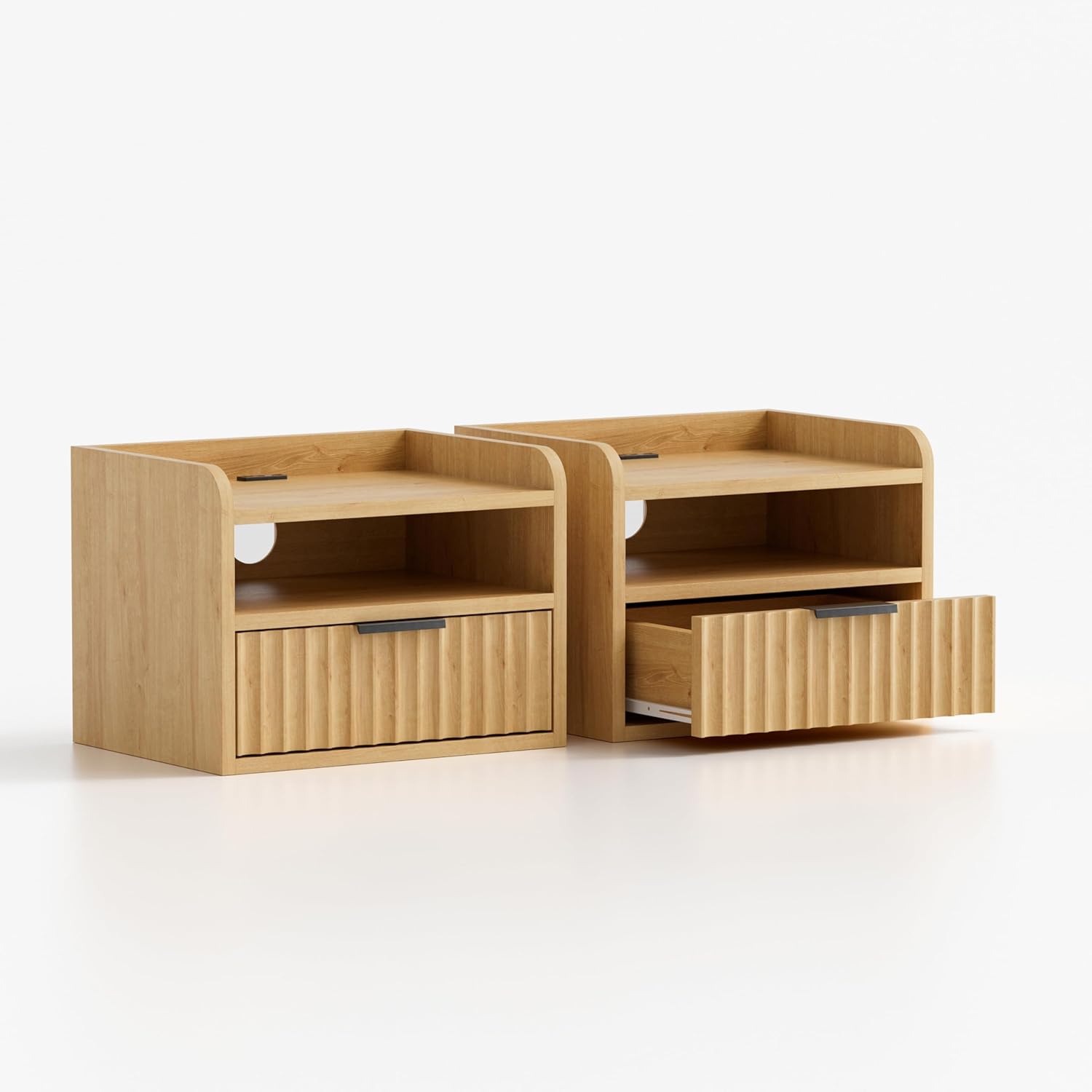 Fluted Floating Nightstands Set of 2 with Drawer, Modern Small Wall Mounted Storage Night Stand with Charging Station, Wood Bedside Table USB C & USB A Ports, Natural Oak