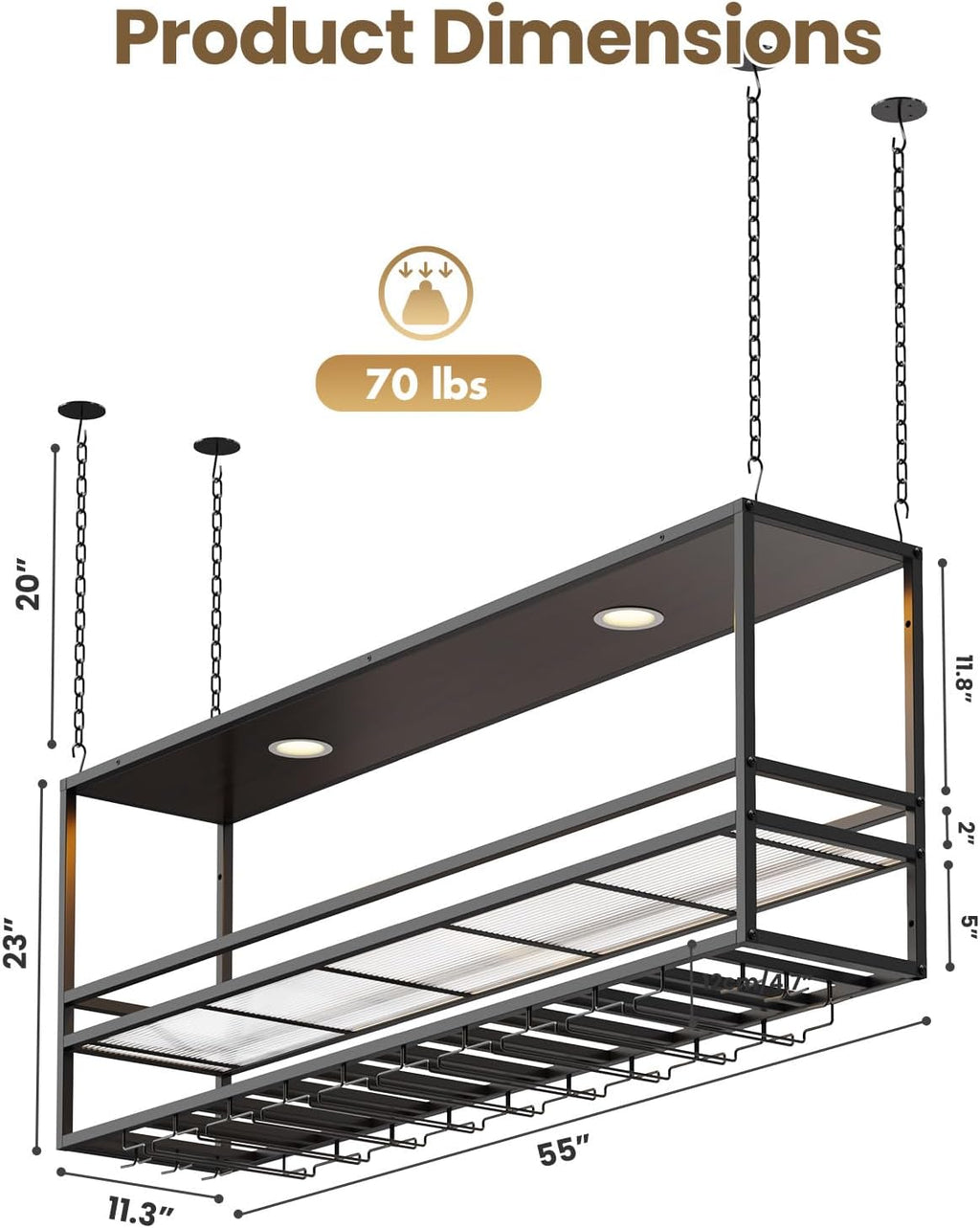 55" Industrial Ceiling Wine Glass Rack with LED, 3-Tier Ceiling Shelf with Wine Glass Holder and Acrylic Shelf, Hanging Wine Rack with Cup Holder for Bar, Home, Cafe