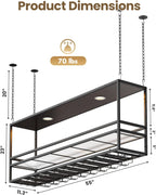 55" Industrial Ceiling Wine Glass Rack with LED, 3-Tier Ceiling Shelf with Wine Glass Holder and Acrylic Shelf, Hanging Wine Rack with Cup Holder for Bar, Home, Cafe