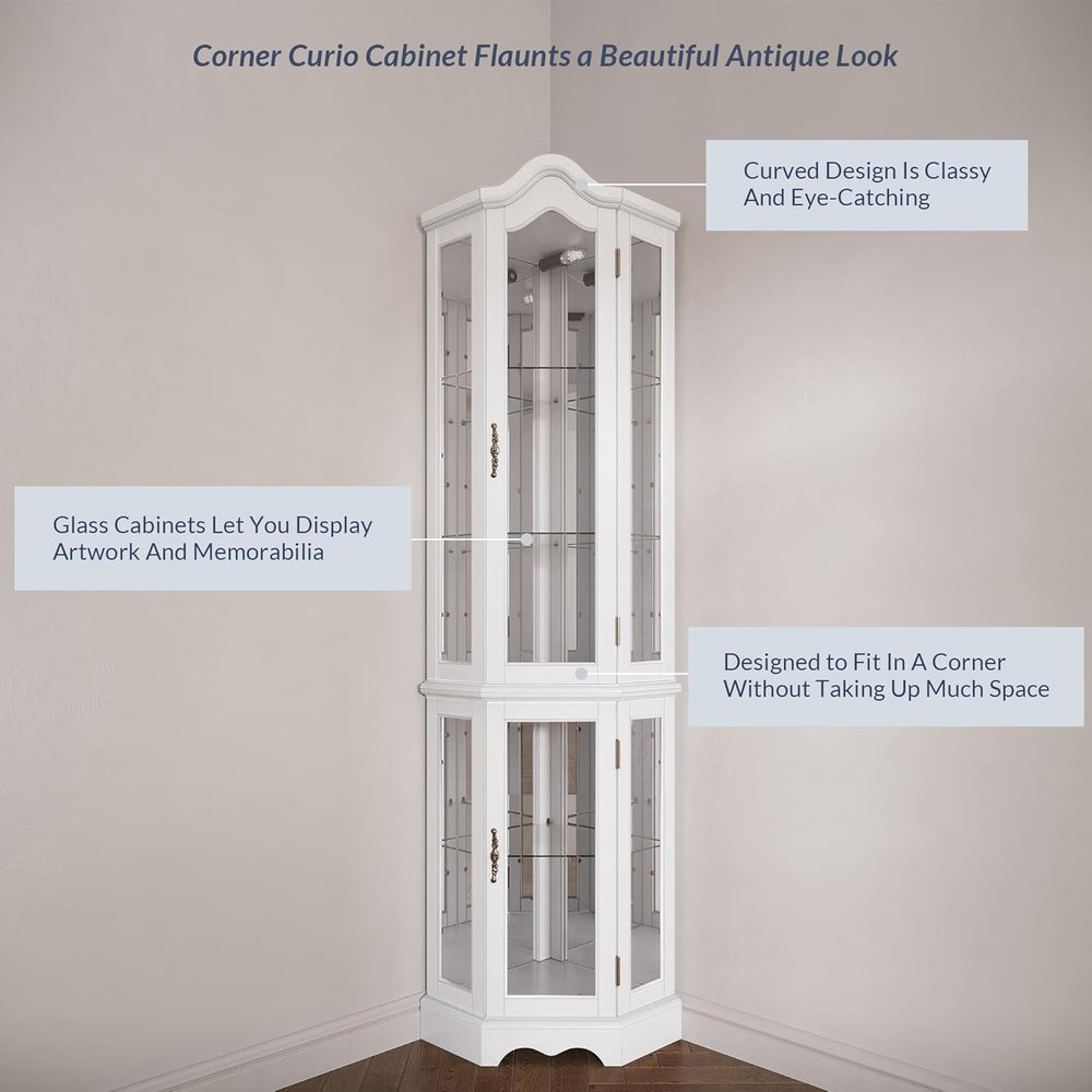 BELLEZE Lighted 3-Side Glass Display Curio Cabinet w/ Tempered Glass Doors an...