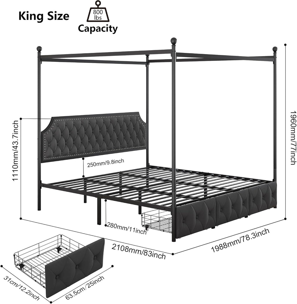 Keyluv King Upholstered Canopy Bed Frame with 3 Storage Drawers & Button ...