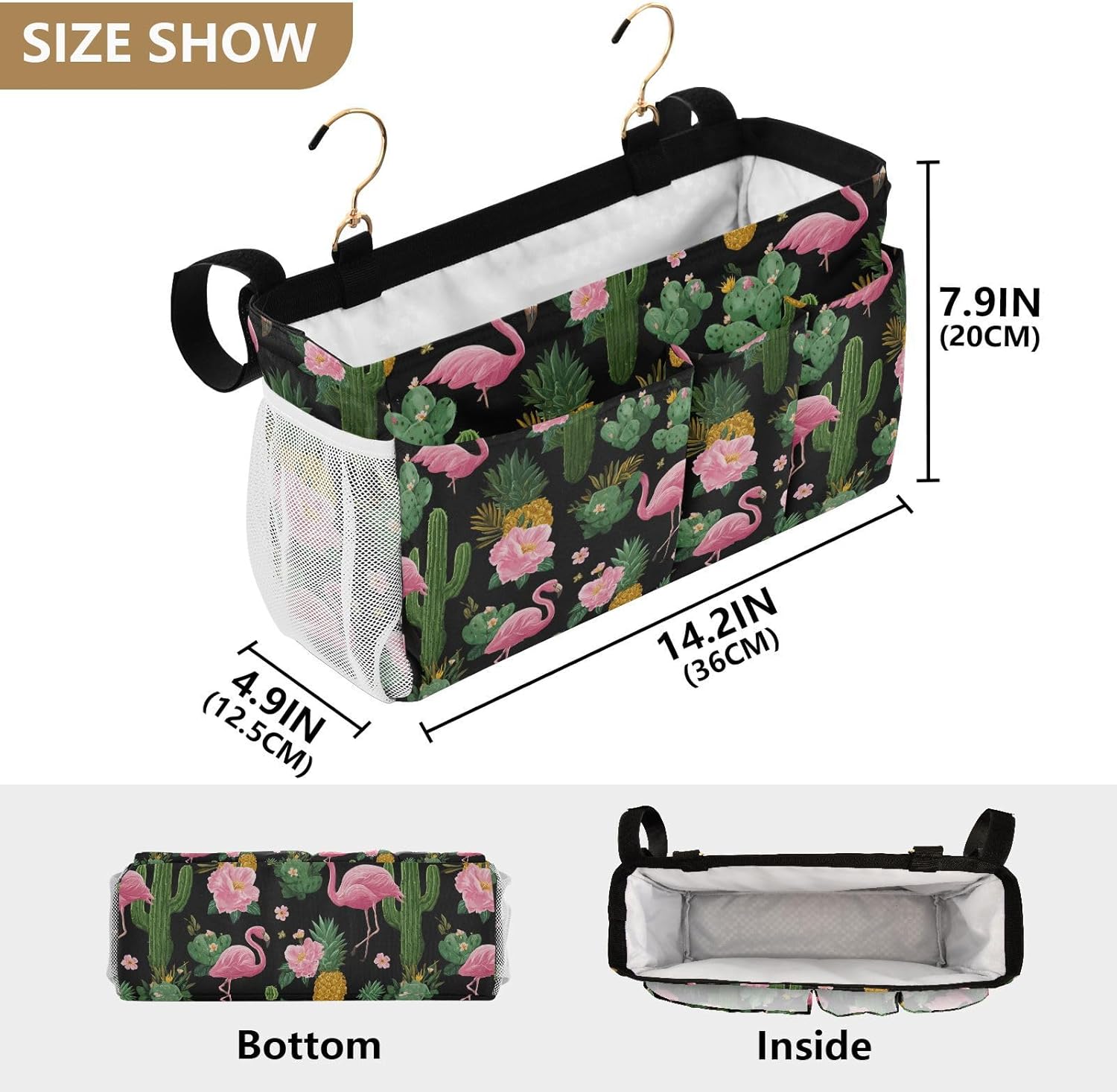 Black Flamingo and Cactus Pineapple Flower Tropical02 Bedside Caddy for Dorm Bed Bedside Hanging Caddy Bag Iron Frame Storage Organizer Pocket for Bunk Home College Hospital Beds 2 Hooks