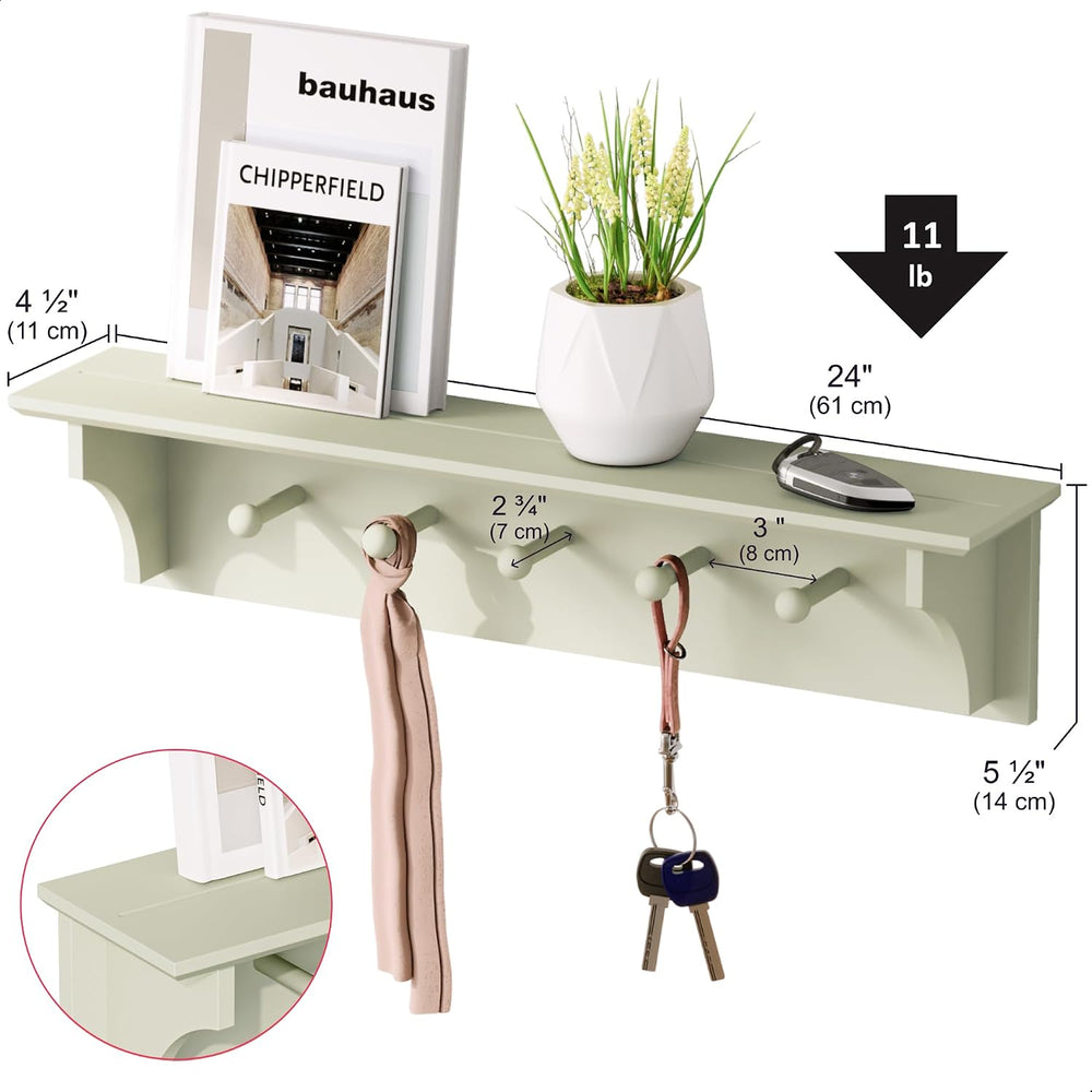 Ballucci Wall Mounted Coat Rack 24" Long, 5 Hooks, Hanging Floating Shelf