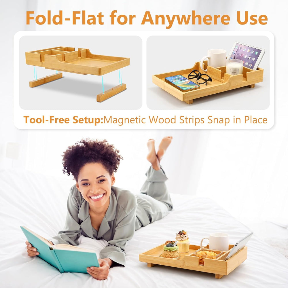 Couch Tray Insert for Middle Seat, Bamboo Couch Table with 2 Cup Holders, Fit...