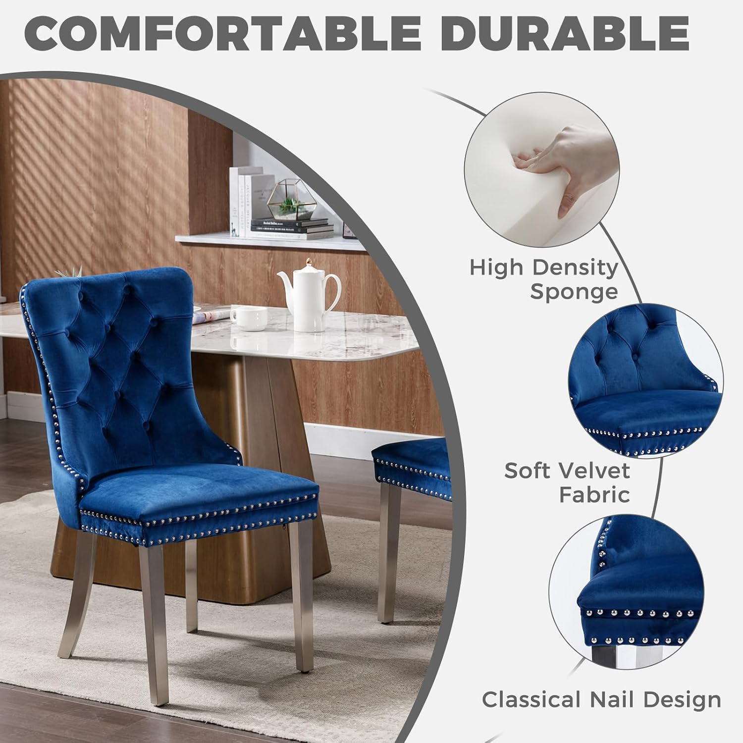 47.2 Inch Round Glass Dining Table Set for 4, Silver Round Kitchen Table with 4 Upholstered Velvet Accent Chairs, 5 Piece Modern Dining Room Set, for Home, Apartment, Kitchen - Blue Chairs