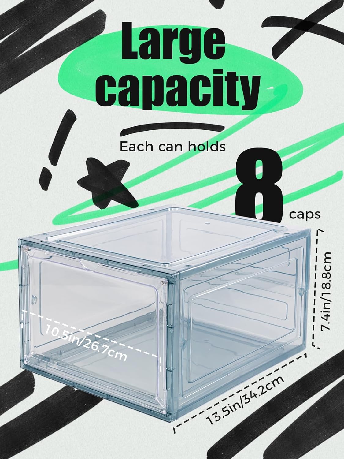 6 Pack Hat Organizer Box, Stackable Clear Baseball Caps Holder Box Containers with Magnetic Door for Hats Snapback Cap Storag, Hat Rack Display Case, Holds 8 Hats Each (Blue)