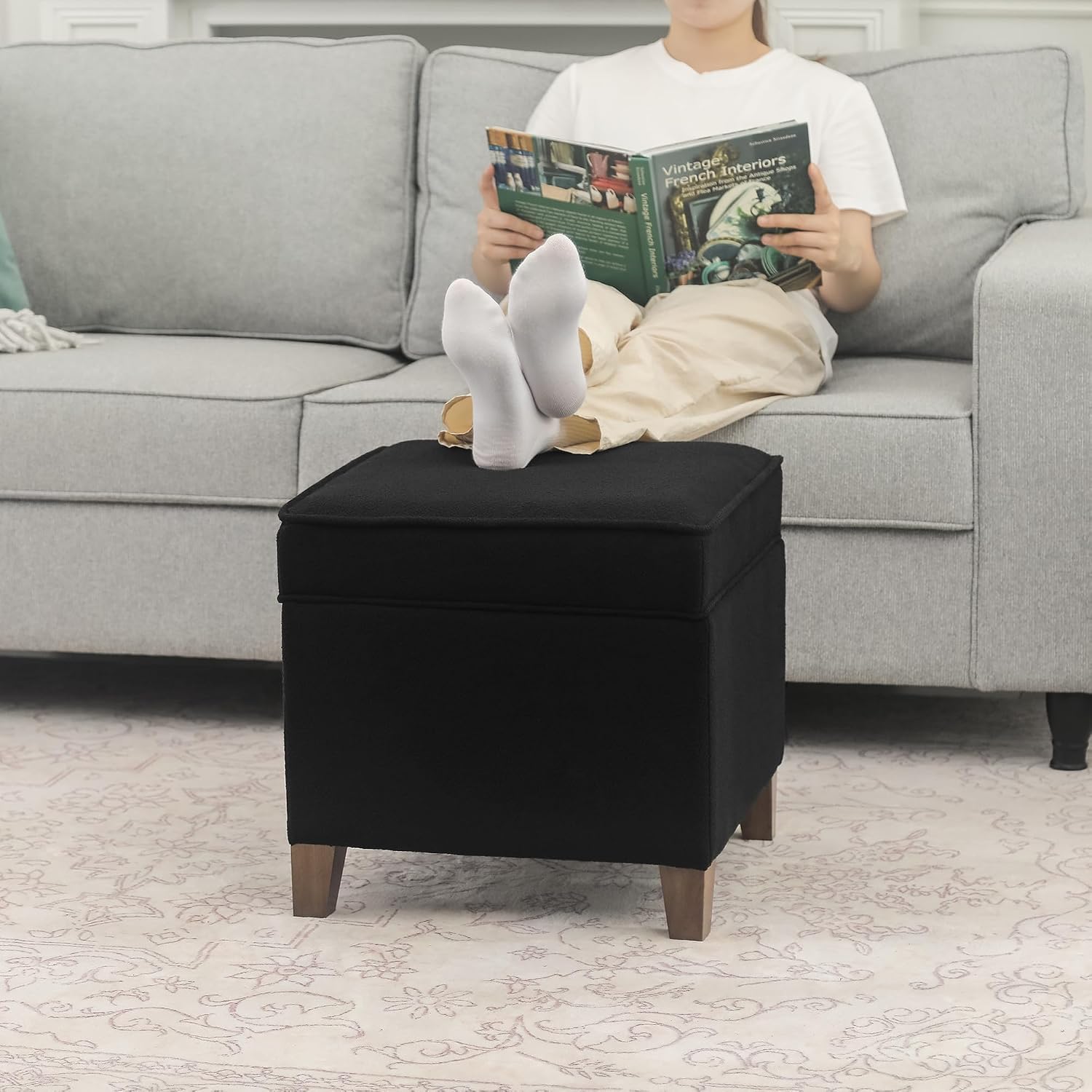 Lienen Ottoman with Storage, 17" Fabric Foot Stools Ottoman for Living Room, Upholstered Square Storage Ottomans Foot Rest, Bedroom Footstools and Ottomans with Hinged Lid, Black