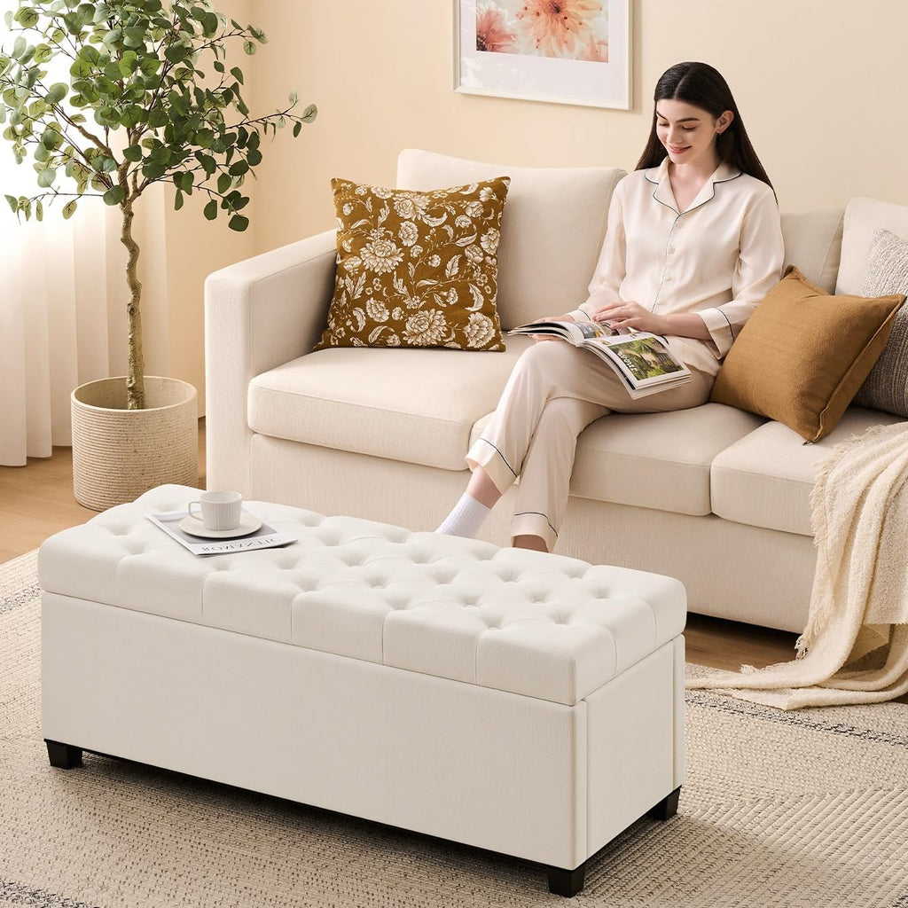 Living&Giving Storage Ottoman Bench for Bedroom, 47.2", Ivory | 47.2-inch storage ottoman with safety hinge, tufted upholstered seat and spacious hidden storage for everyday organization.