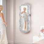 whitebeach Jewelry Armoire Organizer, LED Jewelry Cabinet Wall/Door Mounted | Lockable Wavy Mirror with Storage, Crushed Diamonds Mirror Full Length,Door or Wall Mounted Mirror with Jewelry Storage
