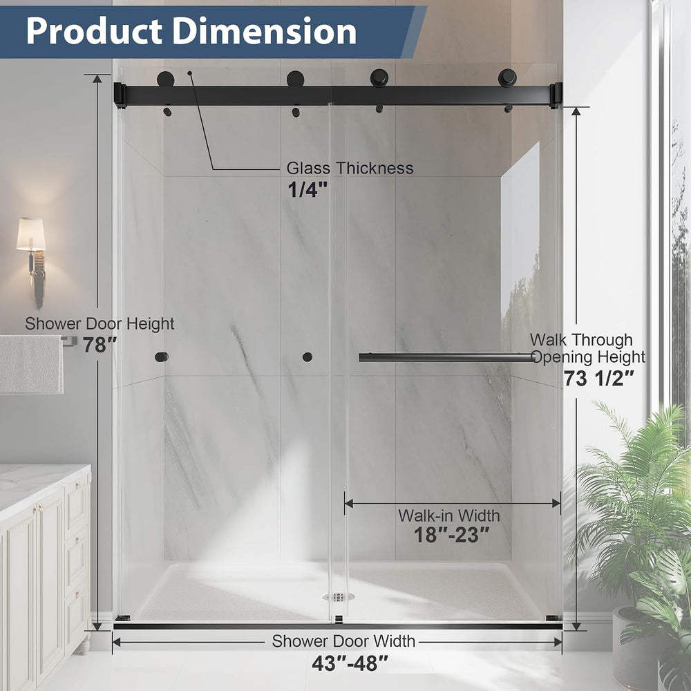 43-48" W x 78" H Frameless Double Sliding Shower Doors Matte Black