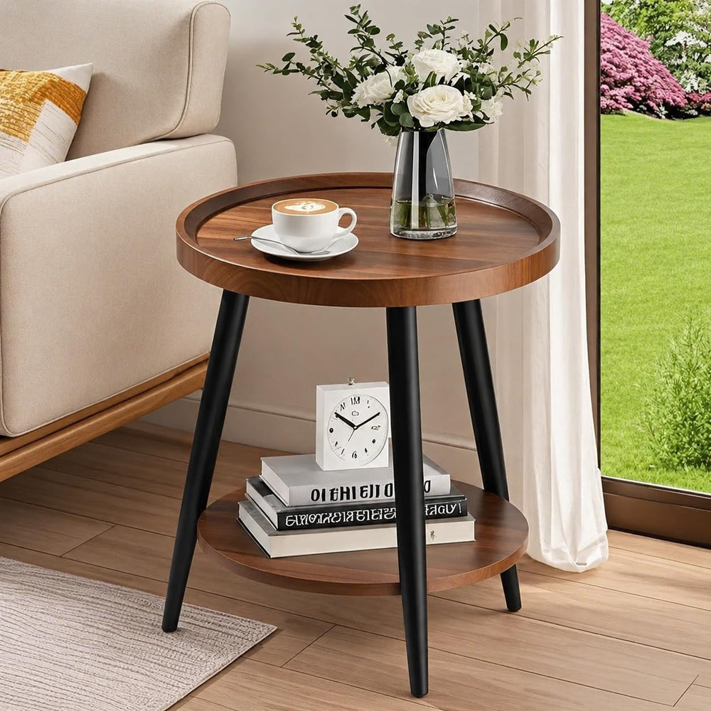 Small Round Side Table, 2-Tier Mid Century Modern Side Table, Round End Table...