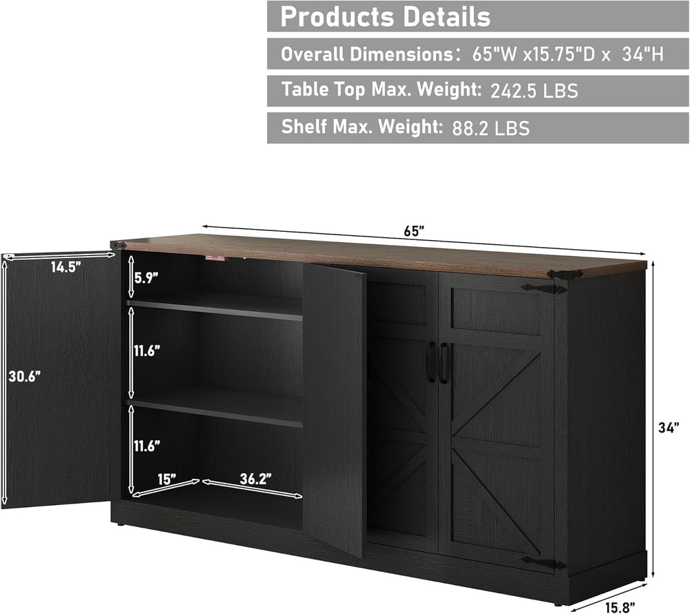 Sideboard Buffet Cabinet with Storage - 65 Inch Farmhouse Kitchen Pantries Si...