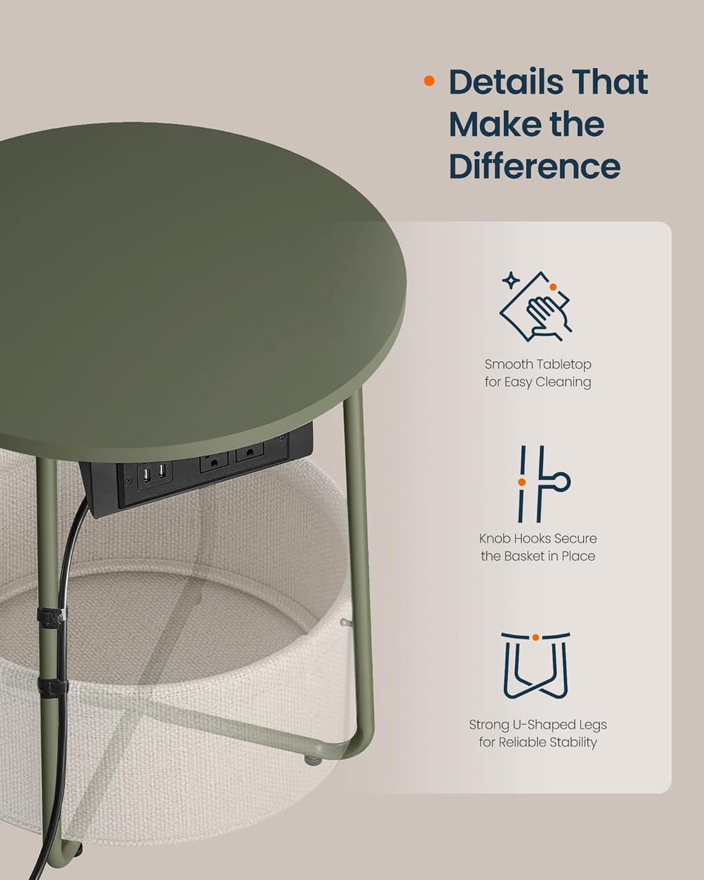 SONGMIC HOME Round Side End Table, Nightstand with Charging Station and Fabric Basket, for Living Room, Green and White