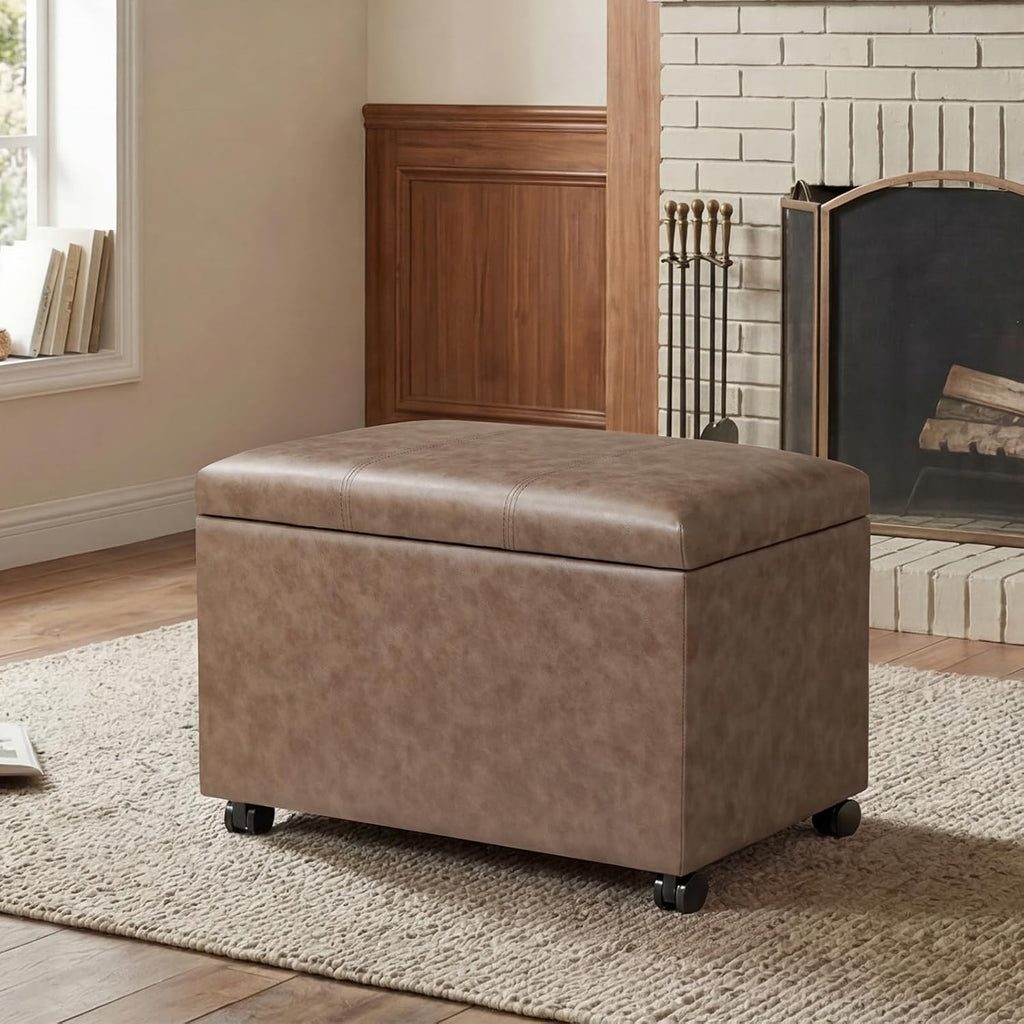 Joveco 24" Storage Ottoman Bench with Wheels, Rectangle Faux Leather Foot Stool for Living Room, Bedroom, Entryway, Earthy Light Brown Veining