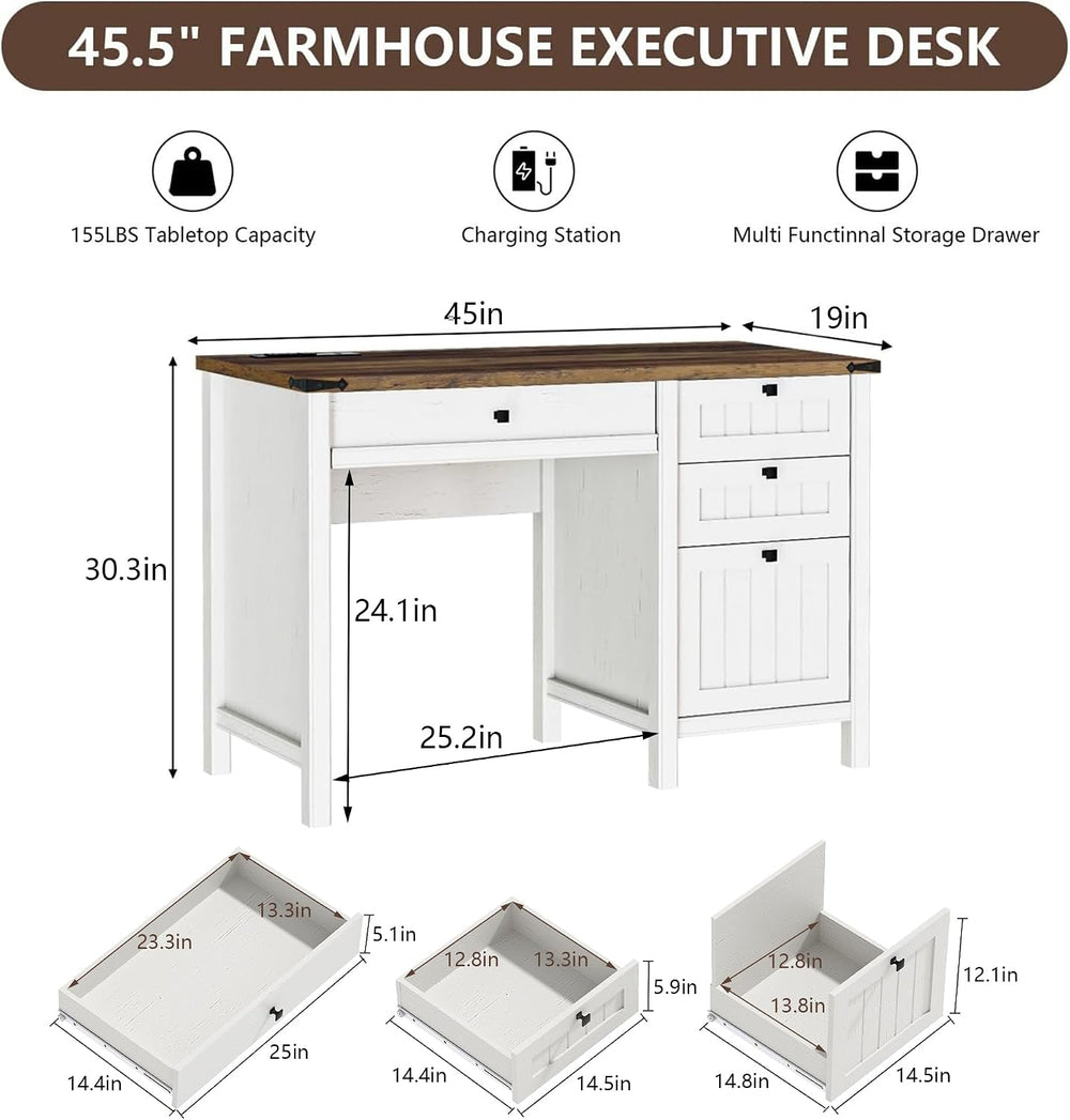 White Farmhouse Desk 45" with 4 Drawers & Charging Station