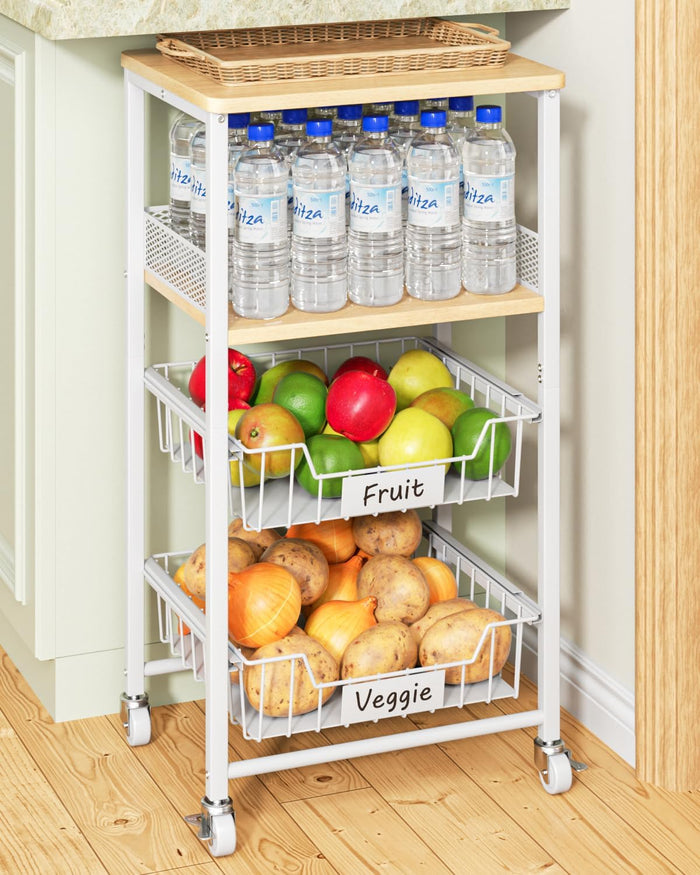 Giwil Vegetable Fruit Basket for Kitchen Pantry Organizers Storage, 4-Tier Utility Rolling Cart on Wheels with Wood Rack and Drawer Wire Baskets for Onions Potatoes Snacks, White