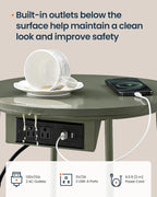 SONGMIC HOME Round Side End Table, Nightstand with Charging Station and Fabric Basket, for Living Room, Green and White