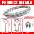 40ft Clothes Line Outdoors 3/16" Wire Ropes Silver PVC Coating Laundry Drying Clothesline with Metal Hooks and Snap Heavy Duty for Umbrella Travel Outside Camping Backyard