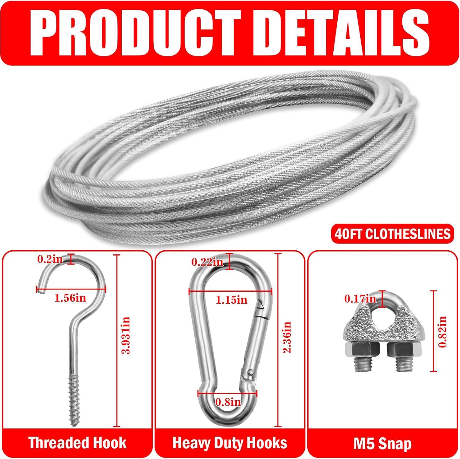 40ft Clothes Line Outdoors 3/16" Wire Ropes Silver PVC Coating Laundry Drying Clothesline with Metal Hooks and Snap Heavy Duty for Umbrella Travel Outside Camping Backyard