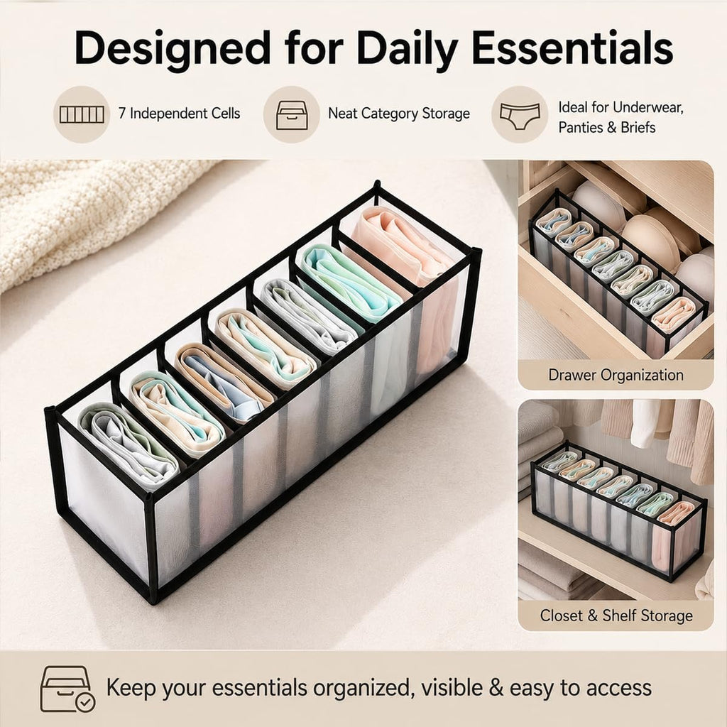 Nylon Drawer Dividers Breathable Mesh Organizers With Reinforced Edges For Lingerie, Socks, Underwear And Travel, 7 Grid
