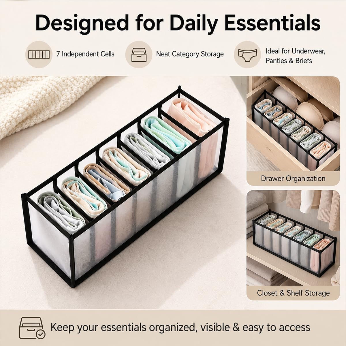 Nylon Drawer Dividers Breathable Mesh Organizers With Reinforced Edges For Lingerie, Socks, Underwear And Travel, 7 Grid