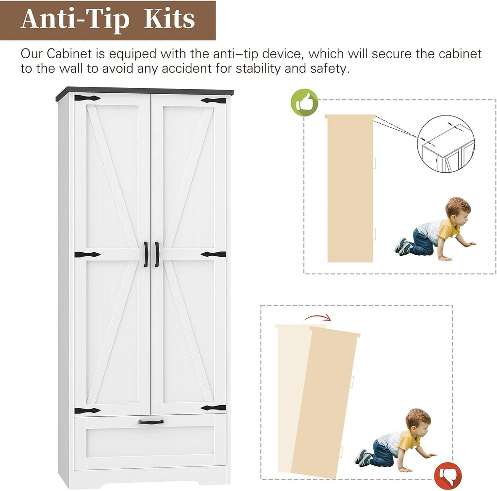 Shintenchi 65" Kitchen Pantry Cabinet, Farmhouse Tall Cupboard, White | Freestanding Cabinet, with 4 Shelves and 1 Drawer, for Kitchen, Living Room, Dining Room and Bathroom