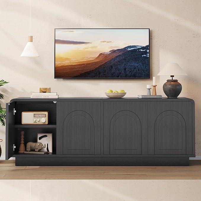 Bestier 63" Mid Century Modern TV Stand for Living Room, Wood Media Console Cabinet for TVs up to 70", Entertainment Center with 4 Arched Doors, Hidden Storage & Adjustable Shelves, Black