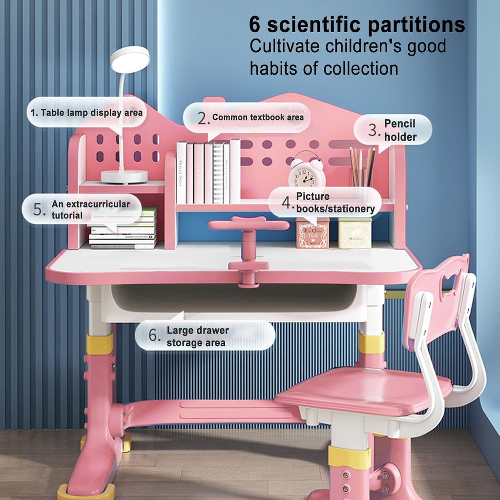 Kids Desk and Chair Set, Kids Functional Desk and Chair Set for Kids 6-12, Height Adjustable Children Study Desk, Upgraded Writing Study Table, Suitable Gift for Girls Boys (Pink)